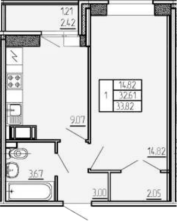 1-комнатная квартира 33.82 м², 15/17 эт., ЖК «Стороны Света»